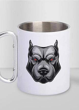 Чашка металева з принтом "пітбуль" 300 мл з карабіном, біла