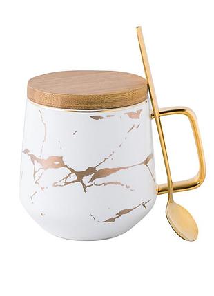 Чайная чашка a2024 з бамбуковою кришкою та ложкою золотой мрамор white