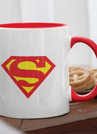 Чашка керамічна з принтом "superman" 330 мл, біла з червоною ручкою