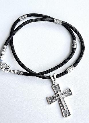 Срібний хрест на шнурі зі вставками "спаси та збережи", чоловічий комплект на шию