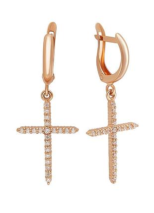 Золотые серьги-крестики подвески висячие с фианитами белыми, 585 проба
