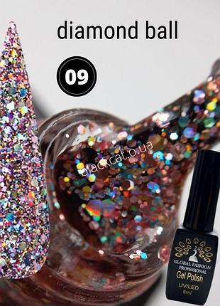 Гель лак с глиттером, чешуйками, блестками розовыми diamond ball для ногтей global fashion 8 ml №009