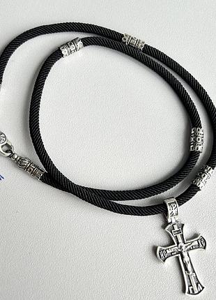 Срібний хрест на шнурі 55 см зі вставками "спаси та збережи", чоловічий комплект на шию