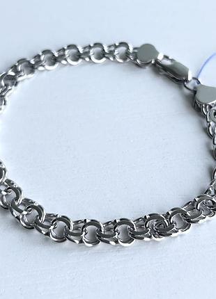 Серебряный браслет бисмарк 21 см, родированный, 7-8 мм ширина