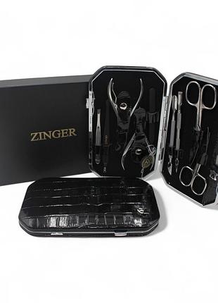 Маникюрный набор zinger 10 инструментов для маникюра ручная заточка чехол натуральная кожа черного цвета