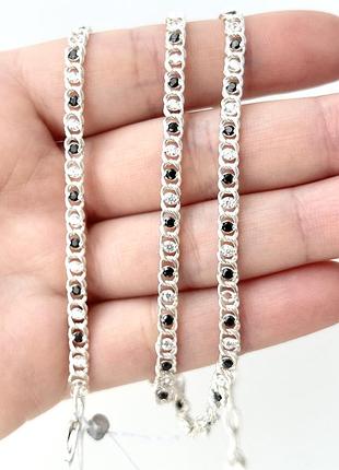 Срібний жіночий ланцюжок, кольє з чорно-білим камінням 45-50 см