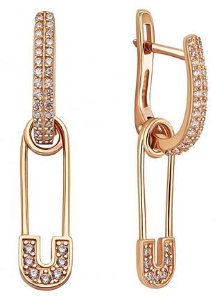 Золотые женские сережки-подвески булавки 585 пробы с фианитами