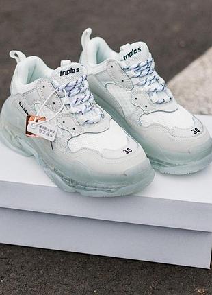 Кроссовки женские balenciaga triple s clear sole white, белые, кожа текстиль сетка, весна-лето-осень демисезонные, размер 36-40, новые, иб1178