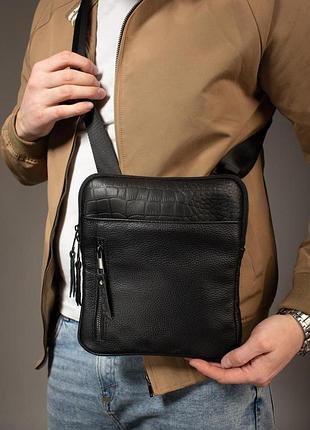 Сумка-мессенджер із натуральної шкіри, сумка через плече чоловіча skill (чорна)