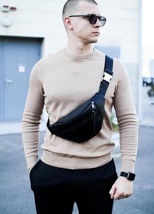 Чоловіча сумка-бананка на пояс з натуральної зернистої шкіри skill (чорна)