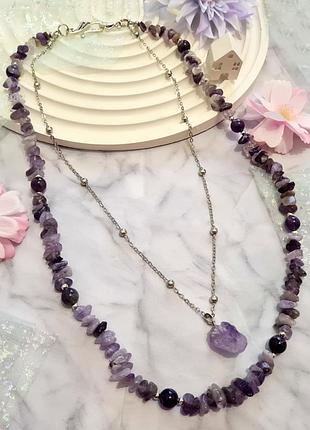 🔺💜⛓ двухрядное колье-ожерелье из аметиста комбинированное с цепочкой
