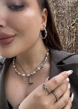 Набір кольє сережки каблучка срібло та перлини