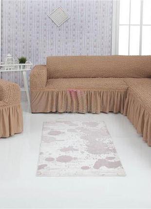 Чехлы для мебели milano угловой диван  и кресло жатка с оборкой капучино