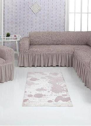 Чохли для меблів milano кутовий диван та крісло жатка з оборкою сіро - бежевий