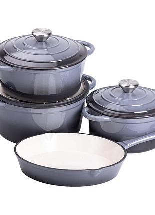 Набор чугунной посуды для приготовления 3 кастрюли и сковорода с эмалированным покрытием серый hp-1-5