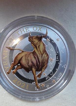 Ніуе › королева єлизавета ii 50 центів, 2021 рік бика /бик в сузір'ї тельця/ срібло 0.925, 8g, ø 20mm футляр.