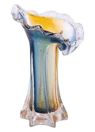 Ваза скляна ручної роботи crystal coast 24.5 см, жовто-синя з градієнтом для квітів та інтер’єру