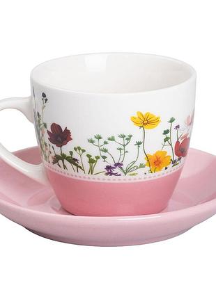 Чашка с блюдцем фарфоровая 250 мл розового цвета с цветочным принтом, глянцевая чашка для кофе и чая