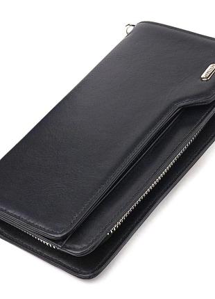 Практичное портмоне клатч из натуральной кожи с тиснением под крокодила canpellini 21540 черное