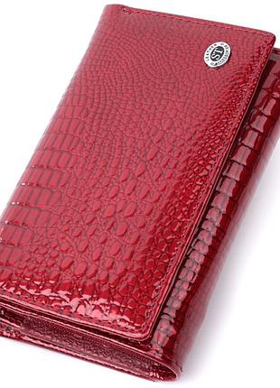 Гаманець жіночий три складення з лакованої фактурної натуральної шкіри st leather 22708 червоний