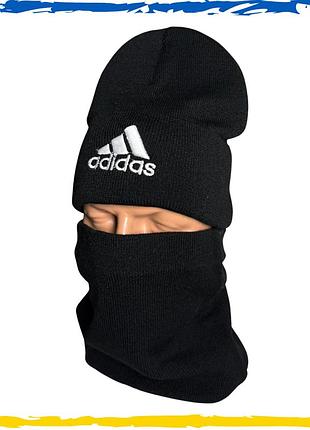 Комплект чорний adidas шапка и баф на флісі унісекс. набір теплий. чоловічий, жіночий, підлітковий, дитячий