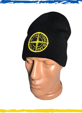 Шапка черная брендовая stone island на флисе. шапка si. шапка унисекс, мужская, женская, подростковая, детская