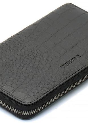 Черный кошелек-клатч на молнии с блоком под карточки с фактурной натуральной кожи  marco coverna mcjp-5901a