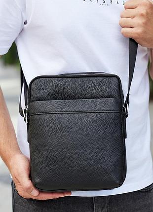 Мужская сумка-месенджер на два отделения кожаная черная tiding bag 7459