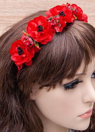 Украинский веночек цветочный на ободке 12202 с тычинками (красный)