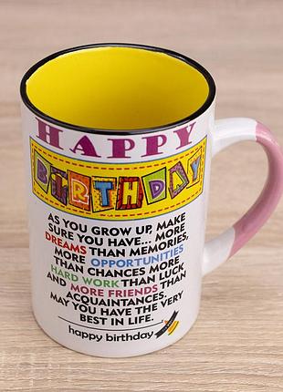 Кружка с пожеланием birthday (белая с желтым)