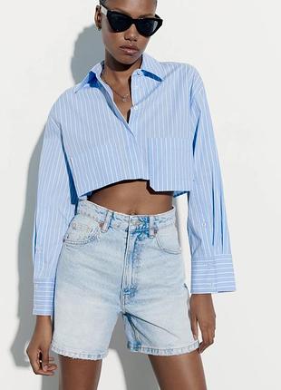 Укорочена сорочка у смужку з коміром та довгими рукавами zara, бавовна