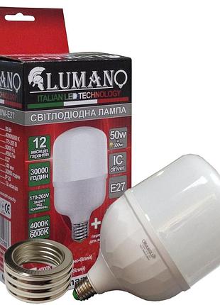 Лампа високопотужна led t140-50w-e27-6500k 6000lm з перехідником на е40 tm lumano