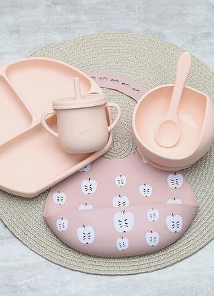Набір дитячого силіконового посуду для прикорму з принтованим нагрудничком