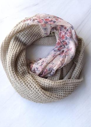 Шарф-снуд женский в цветочный принт комбинированный зима-весна-осень tally weijl 196х82 см бежевый с розовым