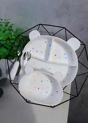 Набір дитячого силіконового посуду ведмедики для першого прикорму на присосці із приладами (конфеті)