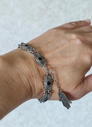 Браслет мельхиор с черной эмалью, ладонь фатимы,