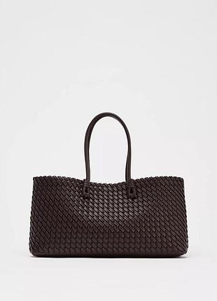 Довга плетена сумка zara коричнева сумка шопер zara прямокутна сумка на плече бордова сумка