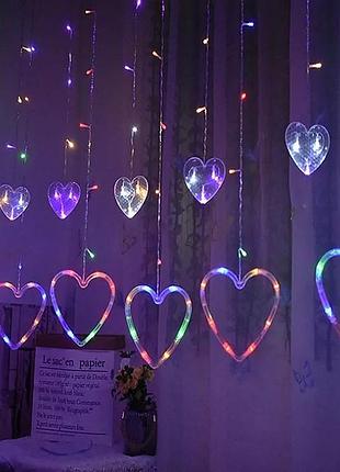 Гирлянда штора сердце и сердечки 3х1 м мультицвет 120 led прозрачный провод с переходником