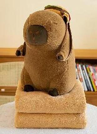 Подушка-игрушка с пледом внутри 3 в 1. 40 см. капибара-трансформер плюшевая: подушка,плед и игрушка.