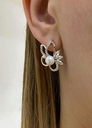 Сережки срібні із золотими вставками з перлами