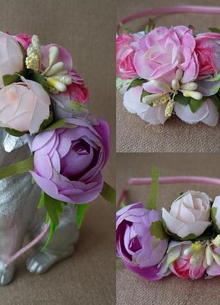 Обруч для волосся ручної роботи, декоративний венок на голову квіти, квітка на обручі півонії троянди