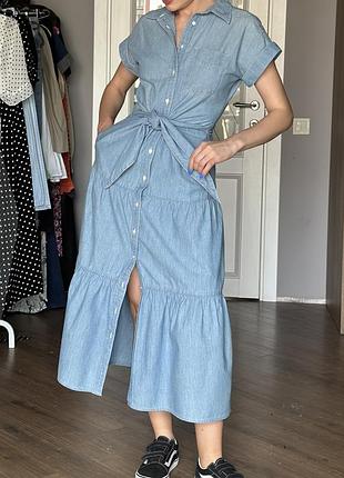 Сукня міді з деніму блакитна з коротким рукавом на ґудзиках сарафан ralph lauren s