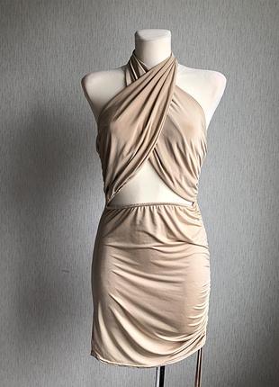 Бежева сукня з вирізом на талії та шнурівкою збоку miss blush