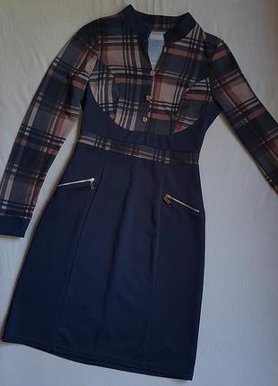 Платье в клетку темно-синее