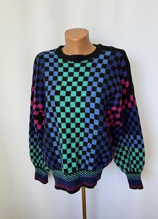 Liz freeman свитер винтаж 80е шерстяной яркий в шашечку клетчатый синий бирюзовый