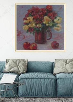 Картина "натюрморт с хризантемами и яблоками", двп, масло1 фото