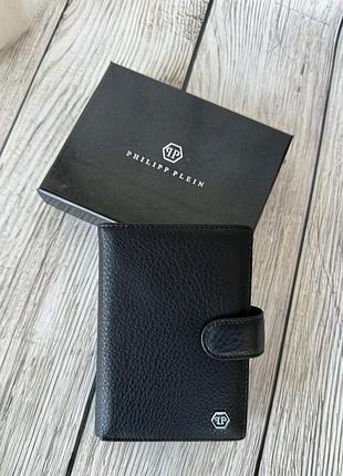 Чорне шкіряне чоловіче портмоне phillip plein з відділенням для автодокументів і паспорта