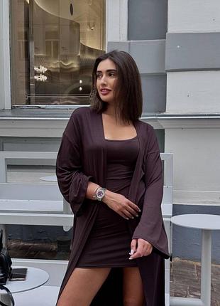 Жіночий літній шоколадний комплект двійка сукня та кардиган