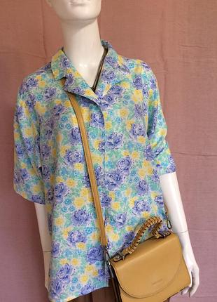 Женская рубашка желто- голубой принт короткий рукав натуральная ткань