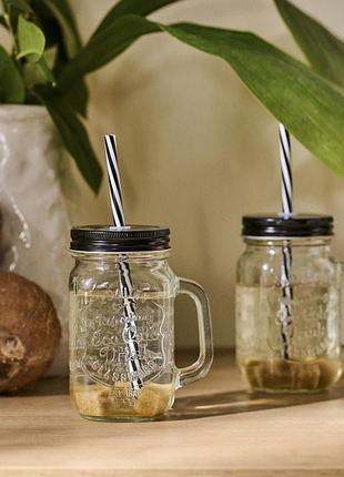 Скляні склянки для лимонаду / напоїв з соломинками 450 ml чорні 2шт sinsay